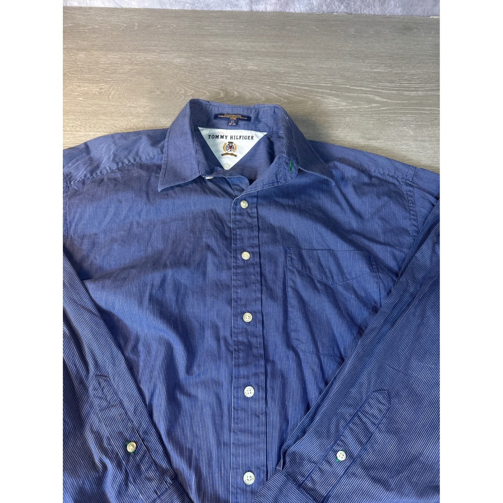 Tommy Hilfiger Mens Blue White Micro Stripe Button Down Shirt 17 34-35 Cotton
